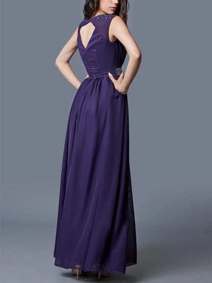 Round Neck Sleeveless Solid Color Sequins Maxi Dress