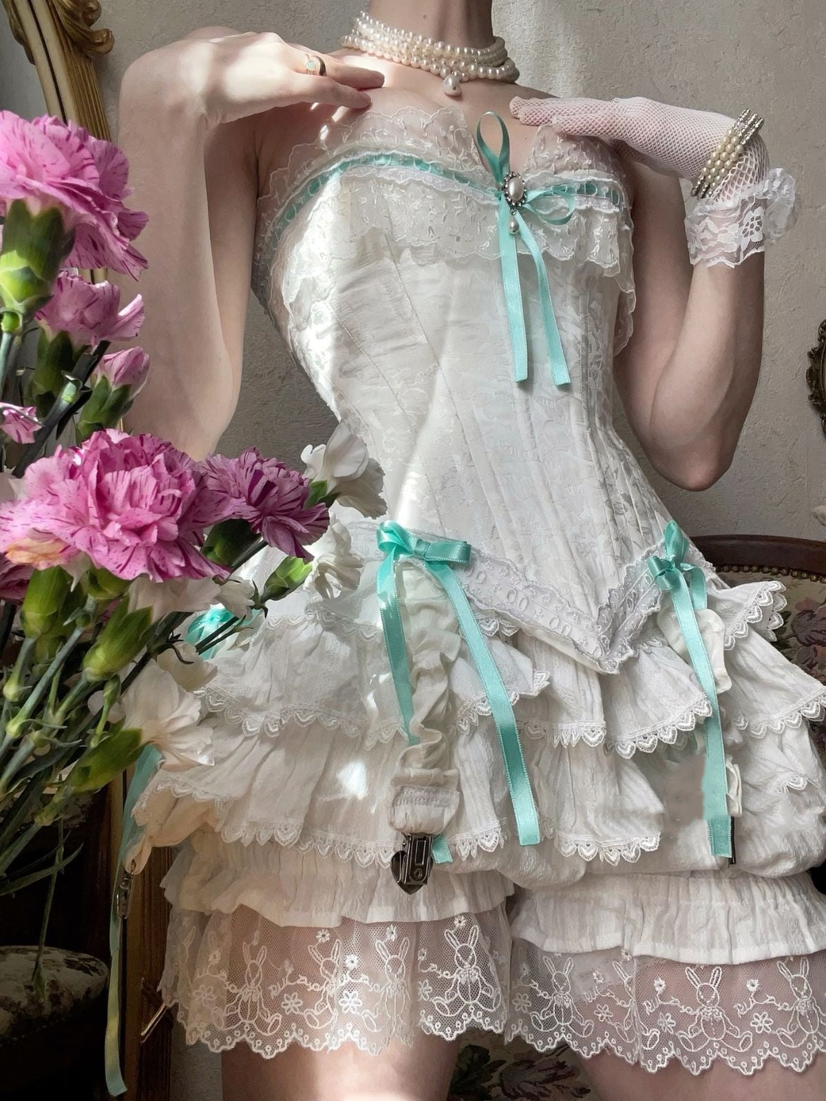 preppydressess-White blue bow ruffle short chiffon homecoming dress birthday party dress gh5026