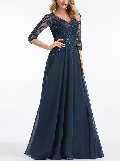 A-line V-Neck Floor-Length Lace Evening Dress