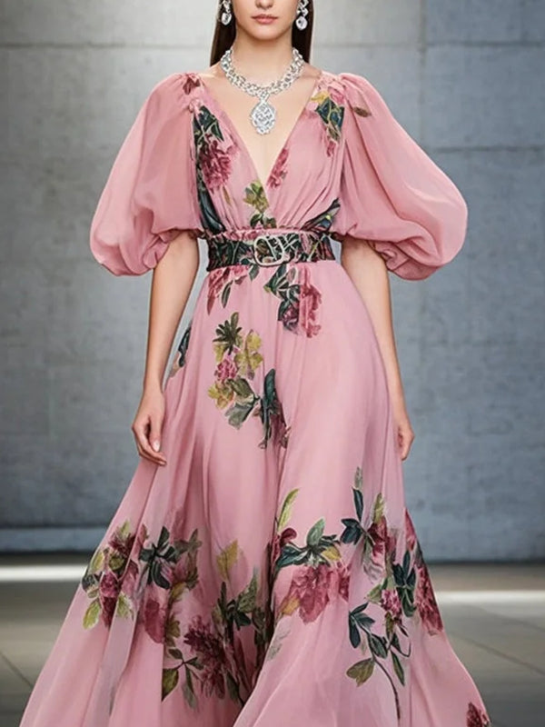 Slim Fit Chiffon Holiday Puff Sleeve Women's Dress