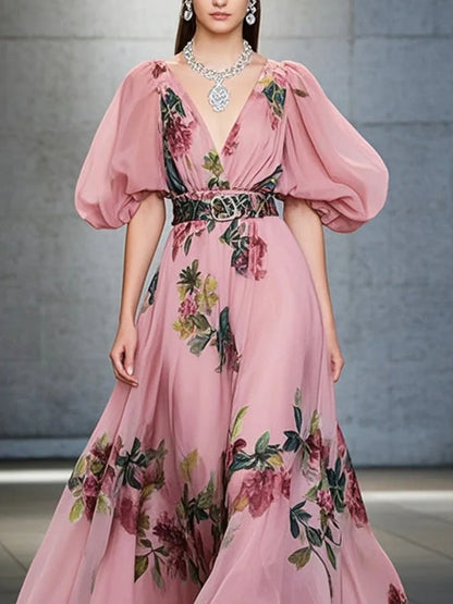 Slim Fit Chiffon Holiday Puff Sleeve Women's Dress