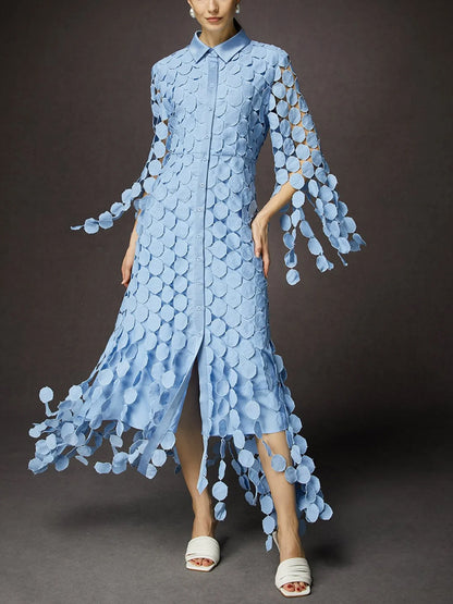 Elegant Shirt Collar Three Quarter Sleeve Lace Maxi Dress