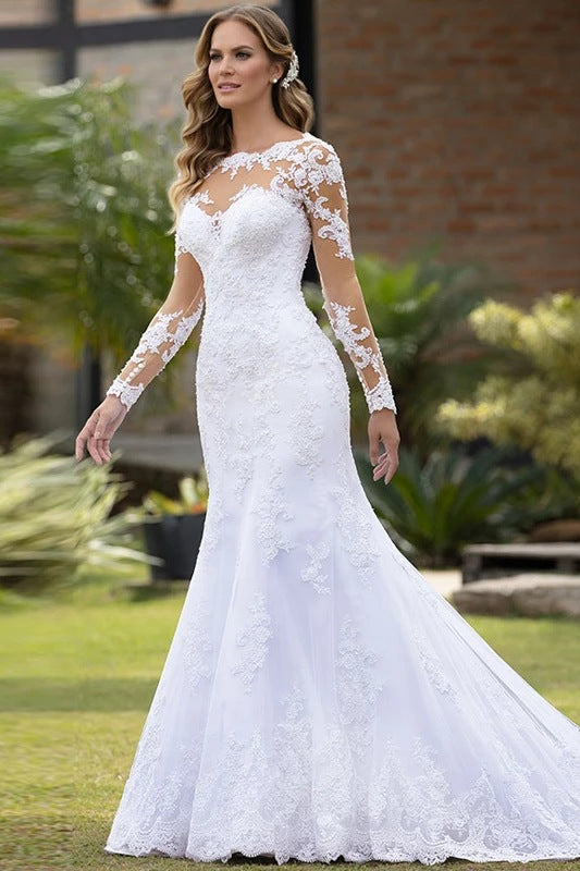 loveedsTM-European-style slim-fitting fishtail off-shoulder long-sleeved backless wedding dress