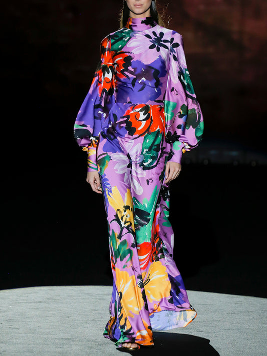 Ink-splashed Print Colorblock Long Sleeves Women's Dress