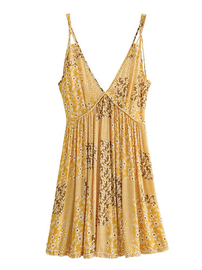 loveedsTM- Boho Strap Print Dress Woman 2024 Summer Beach Vacation New Sexy Deep V Neck High Waist Backless Mini Dress Female