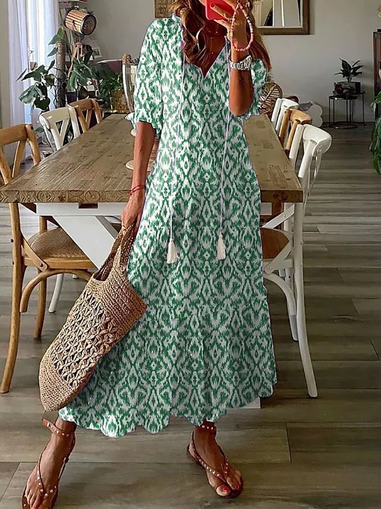 loveedsTM-Summer Fashion Floral Print Holiday Long Dress Casual Loose Drawstring Half Sleeve Dress Women V Neck Chic Ruffled Boho Dresses