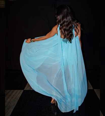 Unique A Line Strapless Blue Chiffon Short Long Prom Dress Evening Dress SH2290