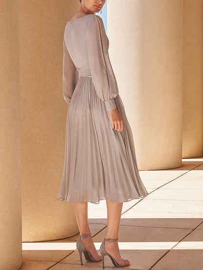V-neck Long Sleeve Chiffon Midi Dress