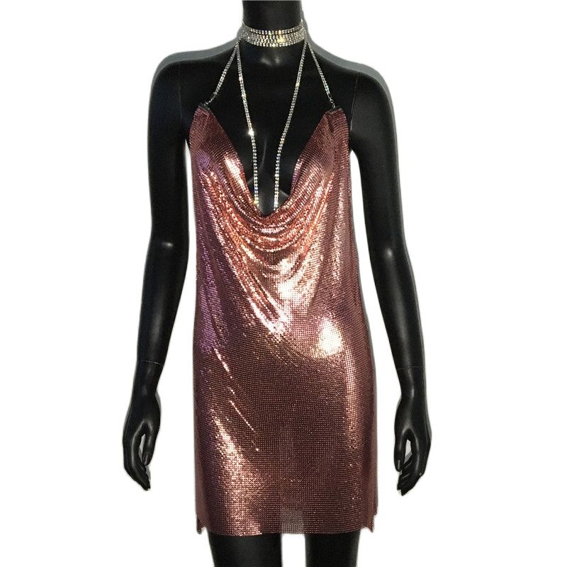 loveedsTM-Sexy Gold Sequined Patchwork Mini Dress Women Sleeveless Low Cut Metal Chains Halter Slim Charming Nightclub Party Dresses