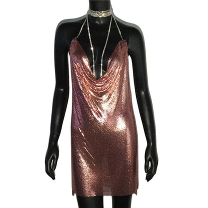 loveedsTM-Sexy Gold Sequined Patchwork Mini Dress Women Sleeveless Low Cut Metal Chains Halter Slim Charming Nightclub Party Dresses