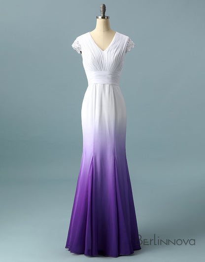 V neck Ombre Formal Prom Dress, A Line Wedding Party Gown T1824
