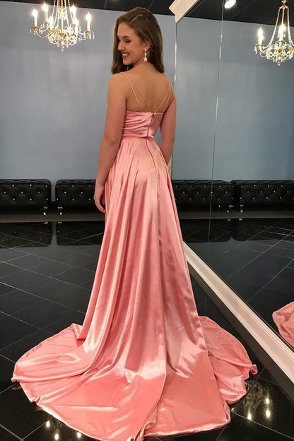 Coral Long Prom Dress Spaghetti Straps Sexy Slit Formal Gown