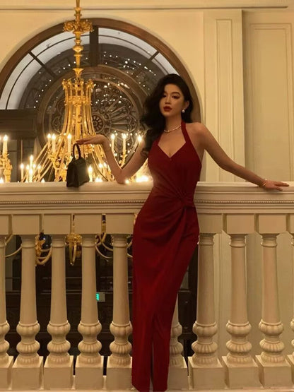 Classy Sheath Halter Red Slit Velvet Prom Dresses Birthday Outfits SD771