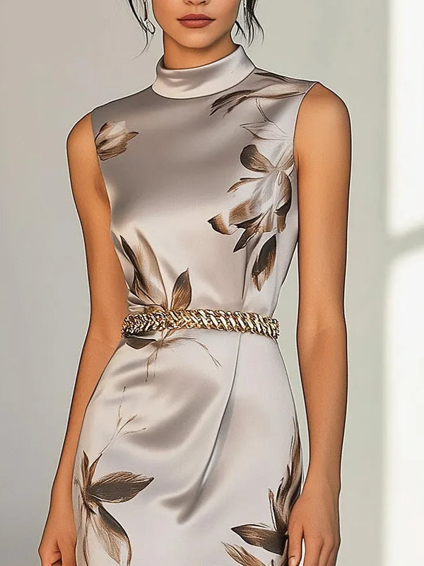 Stylish Grey Satin Dress with Floral Print and Waist Chain