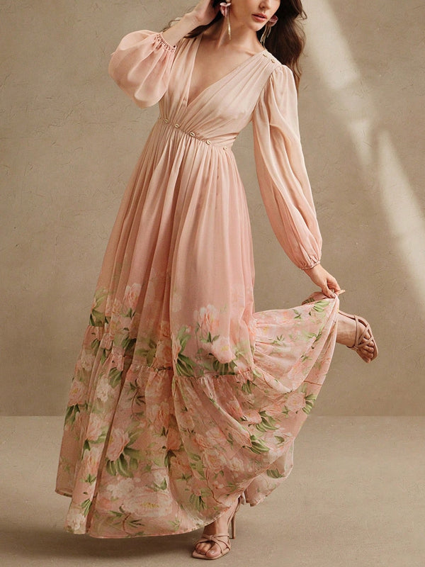 V Neck Chiffon Print Holiday Dress