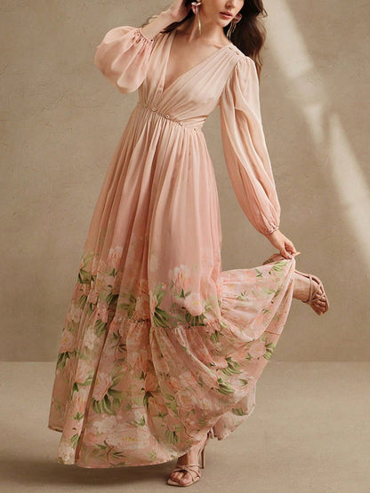 V Neck Chiffon Print Holiday Dress