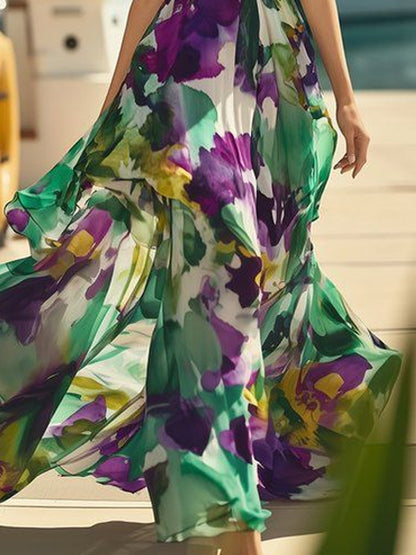 V-neck Holiday Chiffon Print Women's Dress