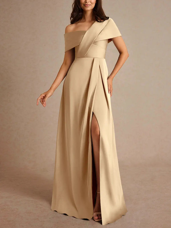 Champagne A-Line Pleated Stretch Satin Dress