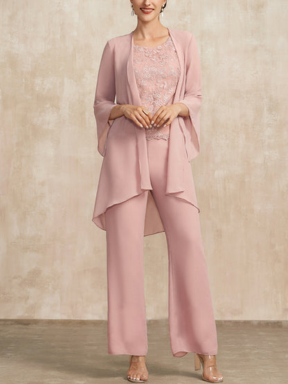 Pink Chiffon Lace Mother Bride Dress Three Piece Set