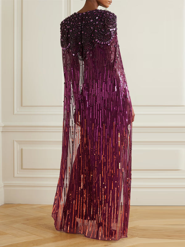 V-Neck Sequin Solid Color Maxi Dress