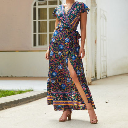 loveedsTM-Summer Vacation Holiday Dress Boho Green Printed Sashes Ruffles Bohemian Midi Dress V-Neck Irregular Short Sleeve Sundress