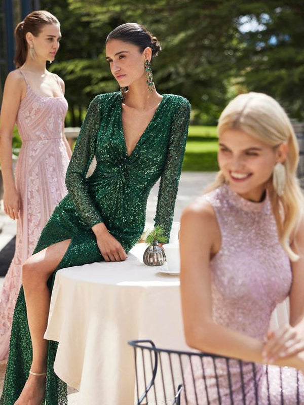 V-neck Sequin Solid Color Maxi Dress