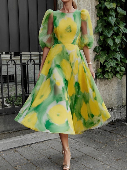 Elegant Floral Printing Midi Dress
