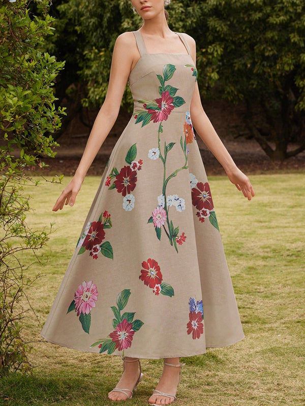 Camisole Linen Positioned Floral Printed Boutonniere Dress