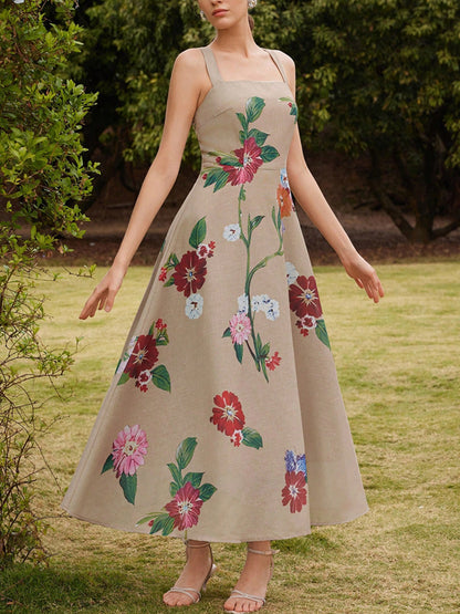 Camisole Linen Positioned Floral Printed Boutonniere Dress