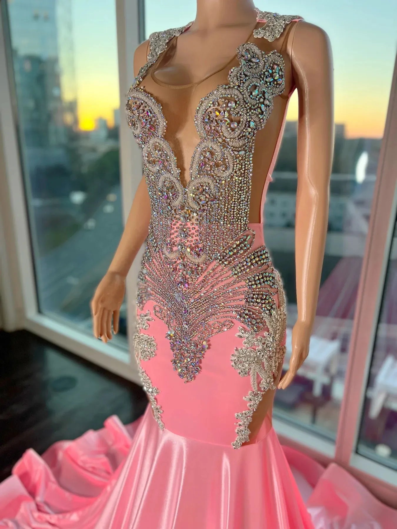 Pink gorgeous exquisite beaded elegant stunning mermaid long satin floor length train prom dress evening gown party dress gh2427