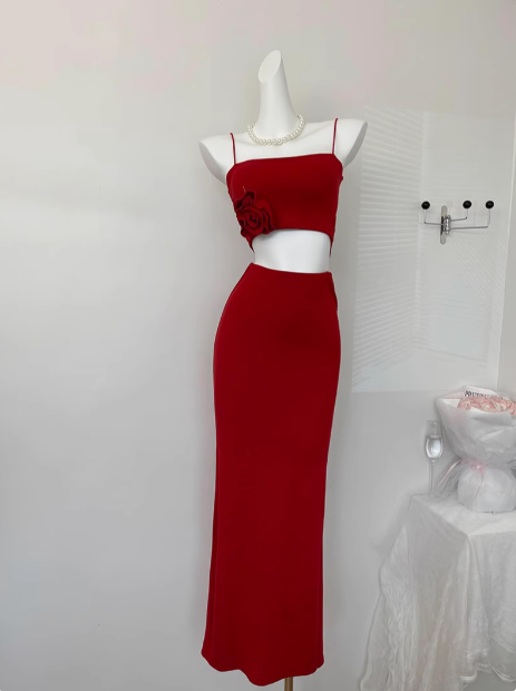 Cute Mermaid Spaghetti Straps 2 Pieces Red Long Summer Dress For Women DP0013