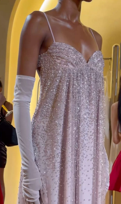 Gentle Pink A Line Spaghetti Strap Sequin Tulle Long Prom Dress Evening Dress Formal Dress SH3656