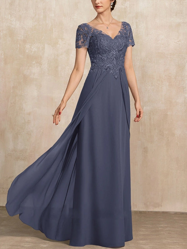 V-Neck Floor-Length Chiffon Lace Maxi Dress