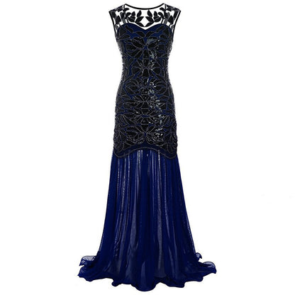 loveedsTM-Vestidos Vintage Mujer Sequins Beading Long Evening Dresses Formal Round Neck Lace Long Sexy Women Party Special Occasion