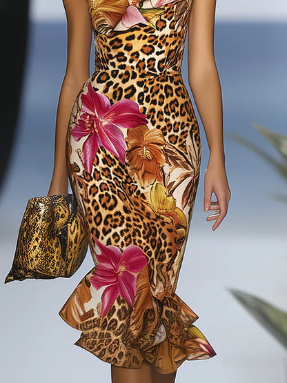 One Shoulder Midi Bodycon Dress With Flower And Leopard Print