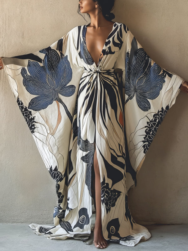Off-white V-neck Cotton And Linen Printed Robe Dress