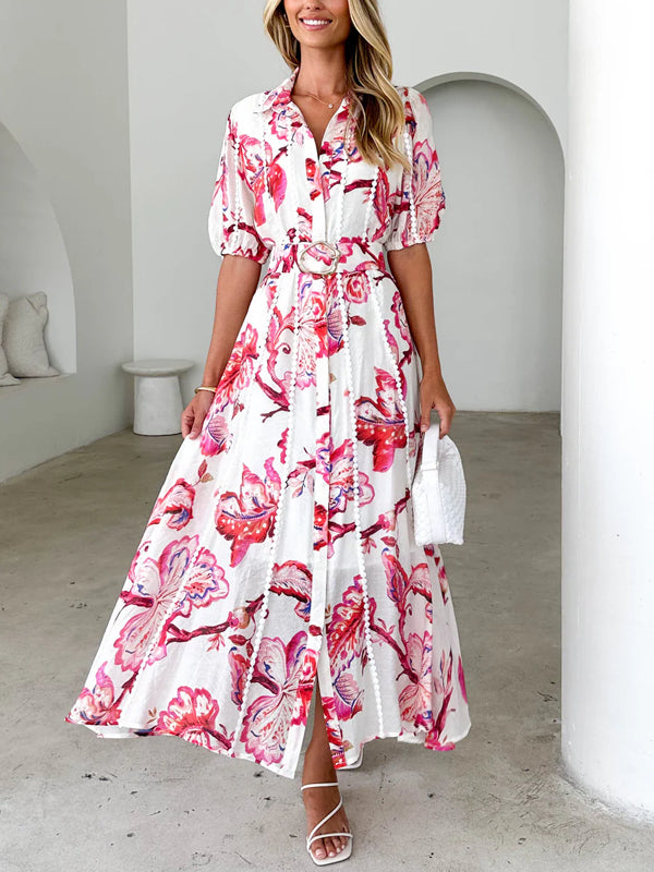 Chiffon Printed Temperament Lace-up Women's Dress