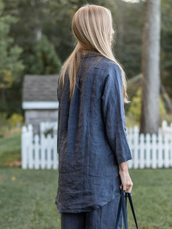 Lapel Solid Color Cotton And Linen Top And Trousers Suit