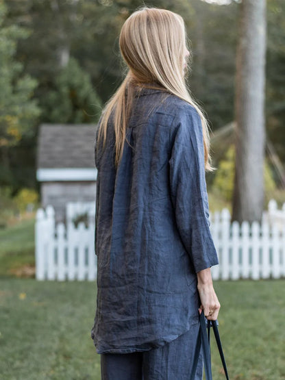 Lapel Solid Color Cotton And Linen Top And Trousers Suit