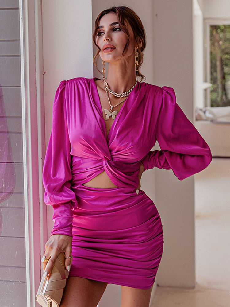 loveedsTM- Sexy deep v neck bodycon dress Party club hollow out mini dress Elegant winter autumn chic lantern sleeve satin dress