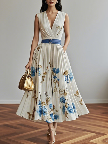 White V-neck Print Maxi Dress