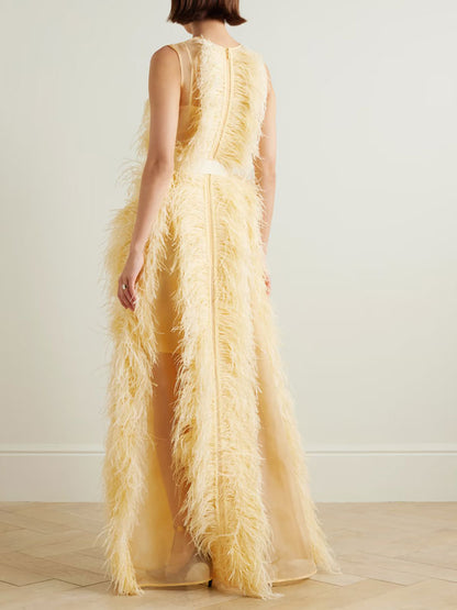 Feather and Grosgrain-trimmed Silk-organza Gown