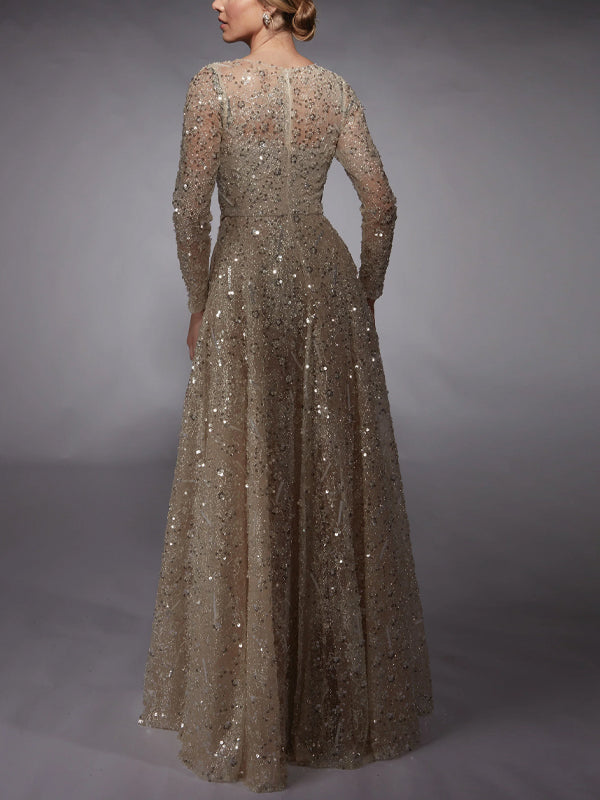 Round Neck Long Sleeve Sequin Solid Color Maxi Dress