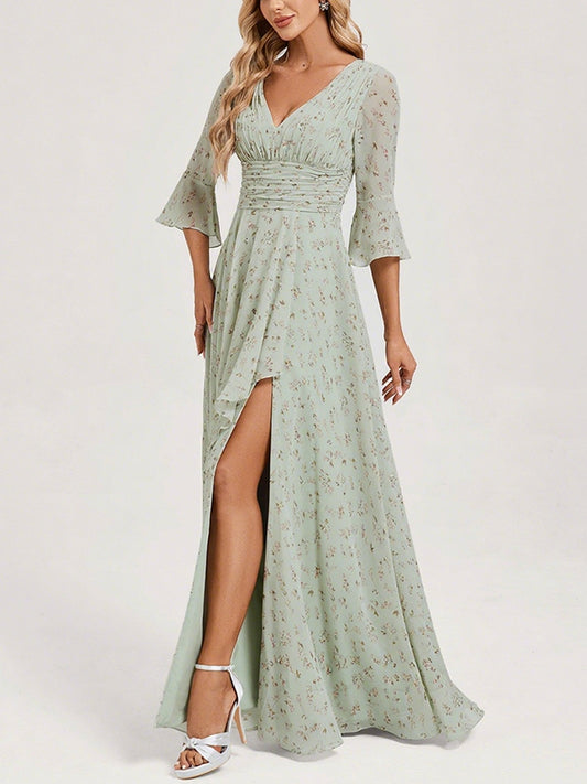 Chiffon Slit Floral Holiday Women's Dress