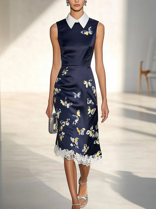 Satin Dress with Butterfly Print and White Lace Trim