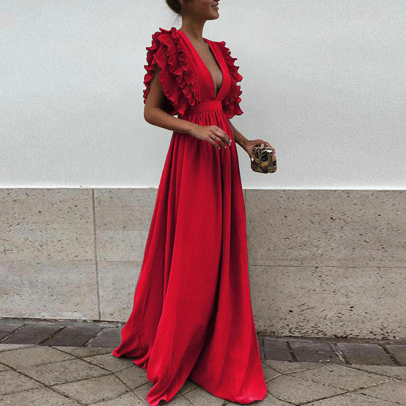 loveedsTM- Formal Party  Dress Women Deep V-Neck Long Dress Elegant Flying Sleeves Backless Maxi Evening Dresses Robe De Soiree