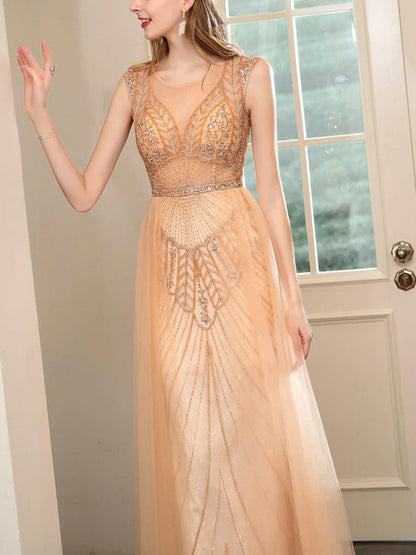 Round Neck Sleeveless Mesh Maxi Dress