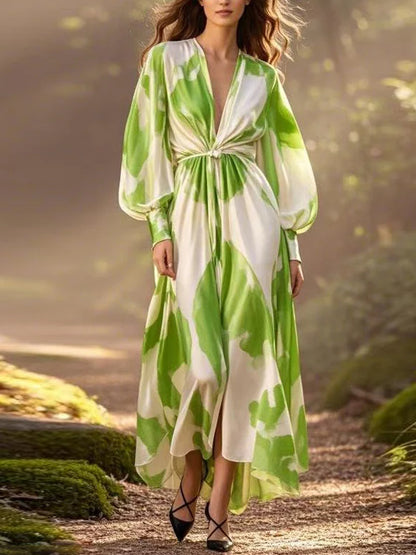 Print Wrinkled Chiffon Dress V Neck