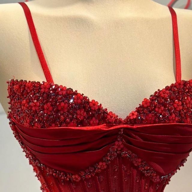 Red gorgeous exquisite fashion shiny spaghetti straps slit mermaid slim long satin ball gown evening dress party dress gh3230