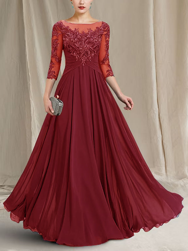 Chiffon Lace 3/4 Sleeve Maxi Dress